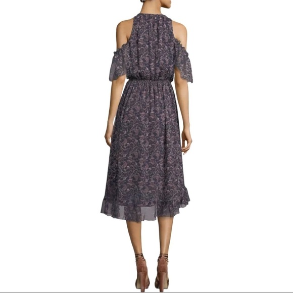 Joie Agnek Split-Neck Cold-Shoulder Printed Silk Dress - Picture 2 of 9